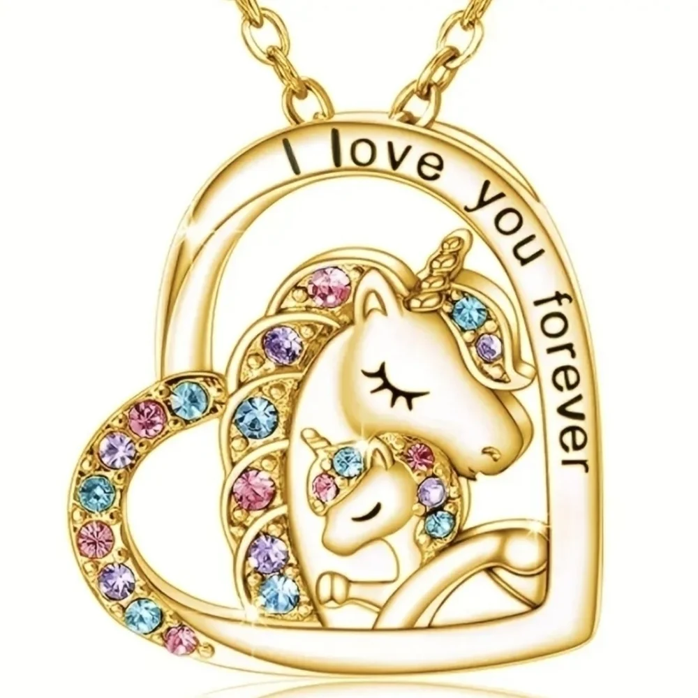 New Creative Heart-Shaped Cute Unicorn Hug Pendant Necklace, T5B3A